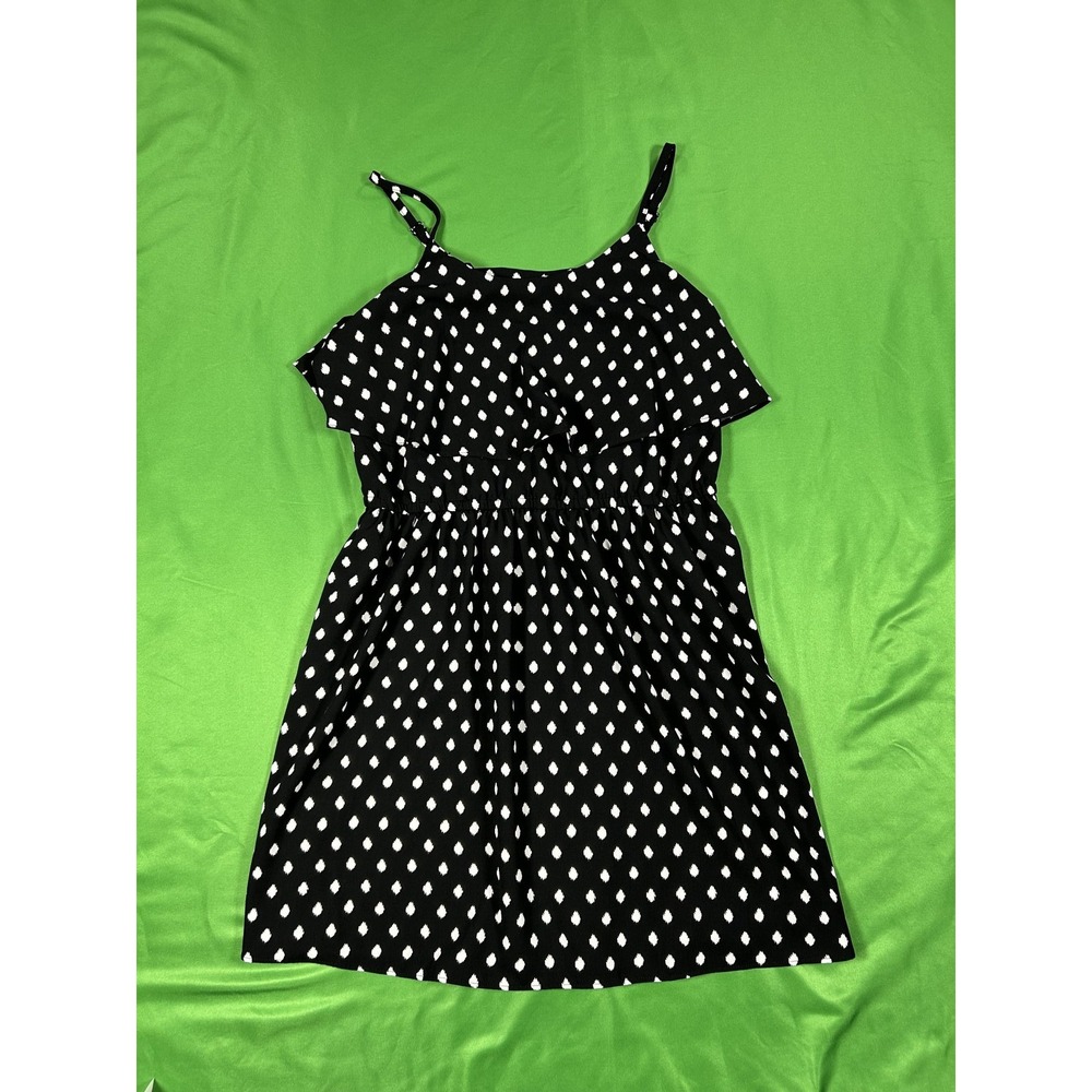 Elle Black White Ikat Polka Dot Ruffle Cami Dress Medium